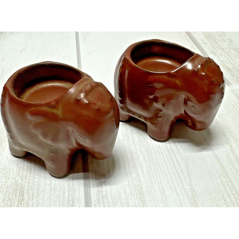 Elephant Tealight Holder Pair Partylite Ceramic Brown/Red Feng Shui Decor 4"